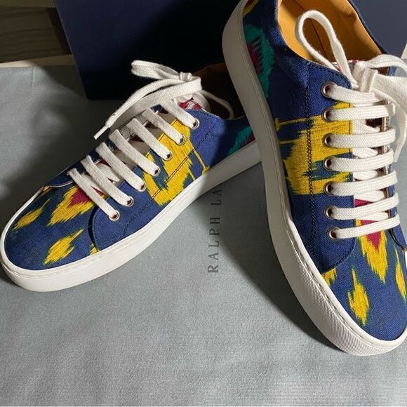 Ralph Lauren Spring 2022 Collection Blue Multi Ikat Print Simra Low Top Sneaker - Picture 7 of 16